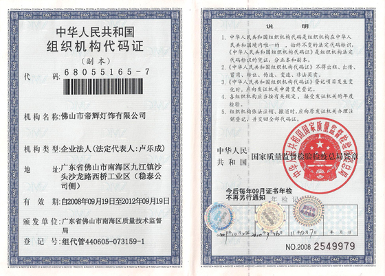 帝輝組織機構證書 